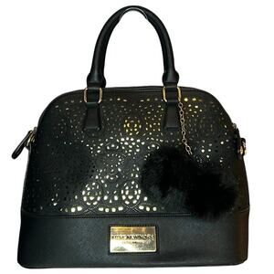 Marc New York Black Laser Cut Satchel Gold Underlay Pom Charm Top Handle Bag